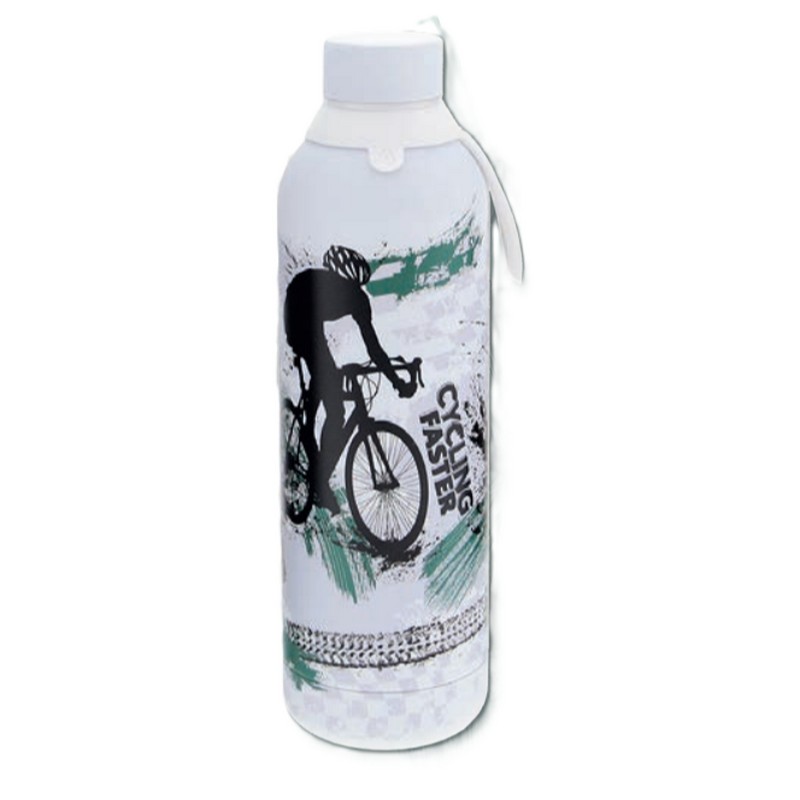 Borraccia termica bianca con speaker bluetooth integrato sul fondo, decorata a tema ciclismi in acciaio inox doppia parete da 600 ml